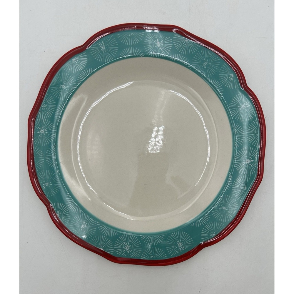 Pioneer Woman Happiness Dinner Plate Red Scalloped Rim Turquoise Floral Border